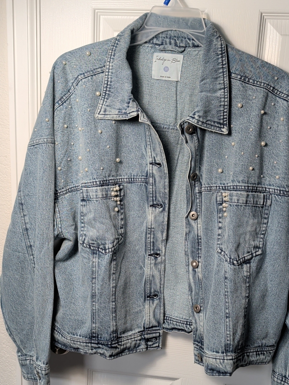 Pearl-Embellished Light Blue Denim Jacket -